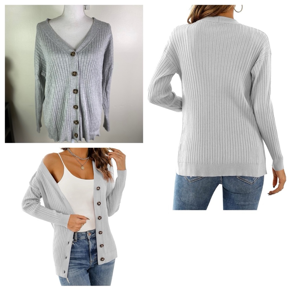 Lienridy women’s lightweight buttoned V neck ribbed cardigan sweater Sz XL gray
